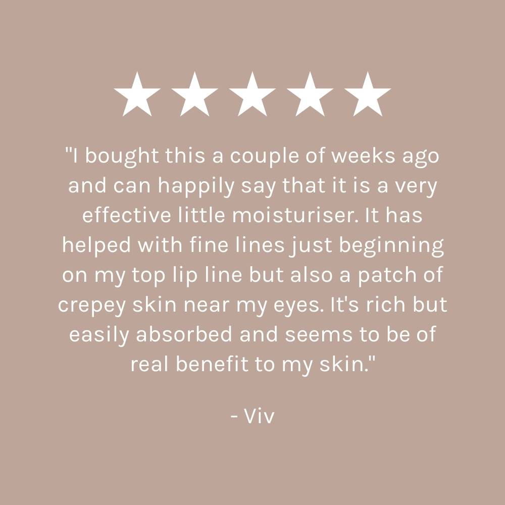 five star customer review on dark beige pink background