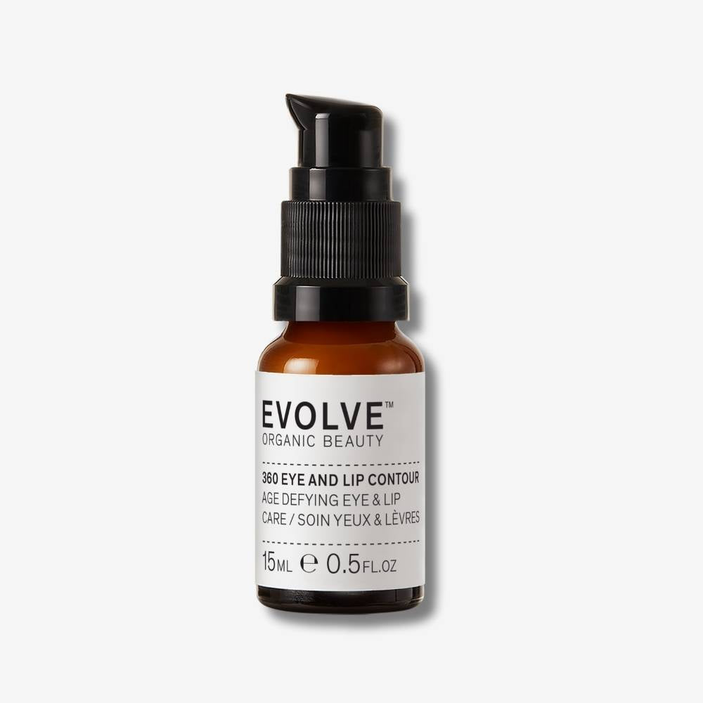 Evolve Organic Beauty 360 Eye & Lip Contour in brown glass bottle with black pump lid on off white background with shadow behind