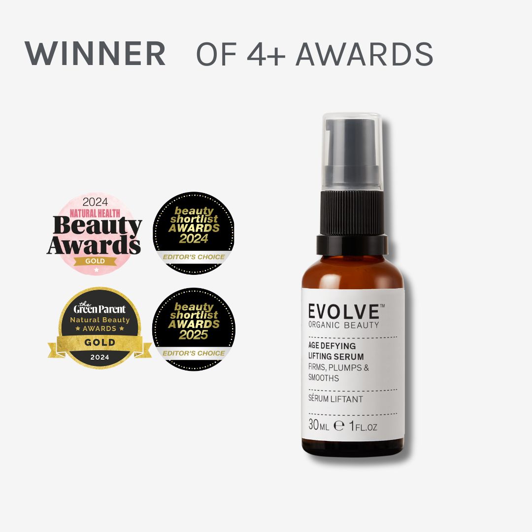 image of age defying lifting serum surrounded by awards the product has won