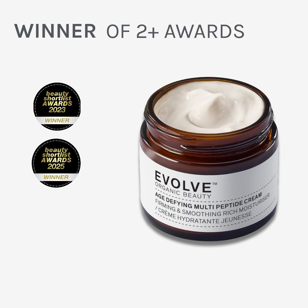 image of age defying multi peptide cream surrounded by awards the product has won
