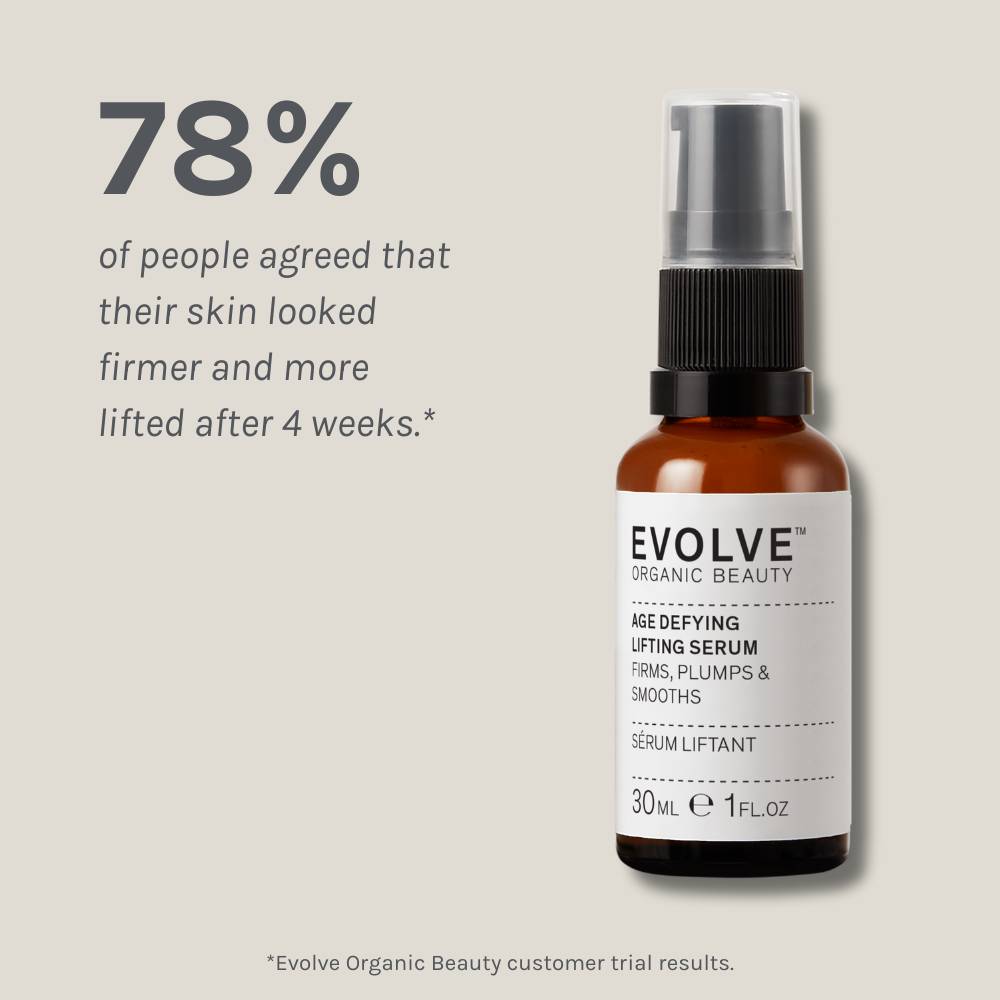 age defying lifting serum packshot on dark beige background showing results of a positive consumer panel test