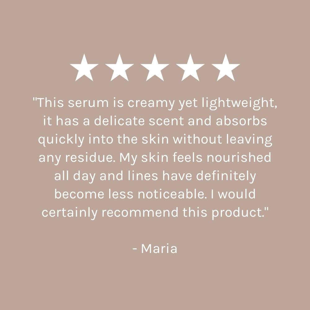 five star customer review on dark beige pink background