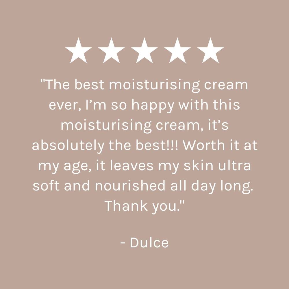 five star customer review on dark beige pink background