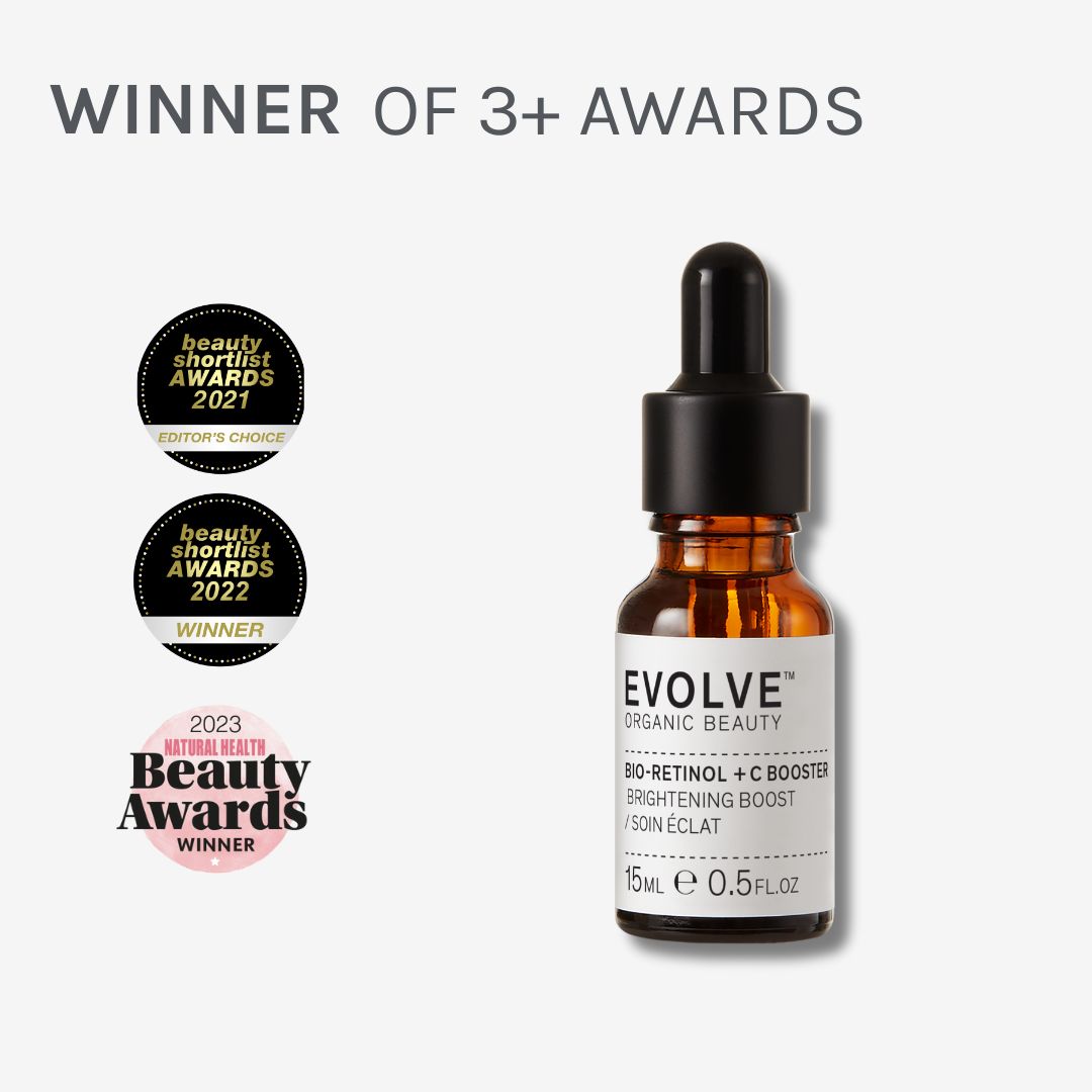 image of bio- retinol + c booster surrounded by awards the product has won