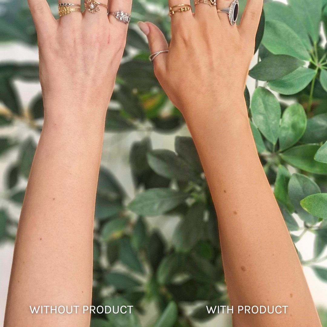 Evolve Beauty Full size Sunless Glow 3-in-1 Gradual Tan Before & After Image. One arm without product a lot paler, other arm tanned with a sun-kissed glow after using product.