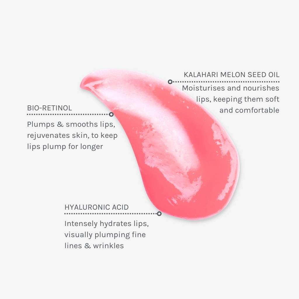 Texture swatch of Bio-retinol Glossy lip oil with annotations showing benefits of ingredients like Kalahari Melon Seed Oil, hyaluronic acid and Bio-Retinol