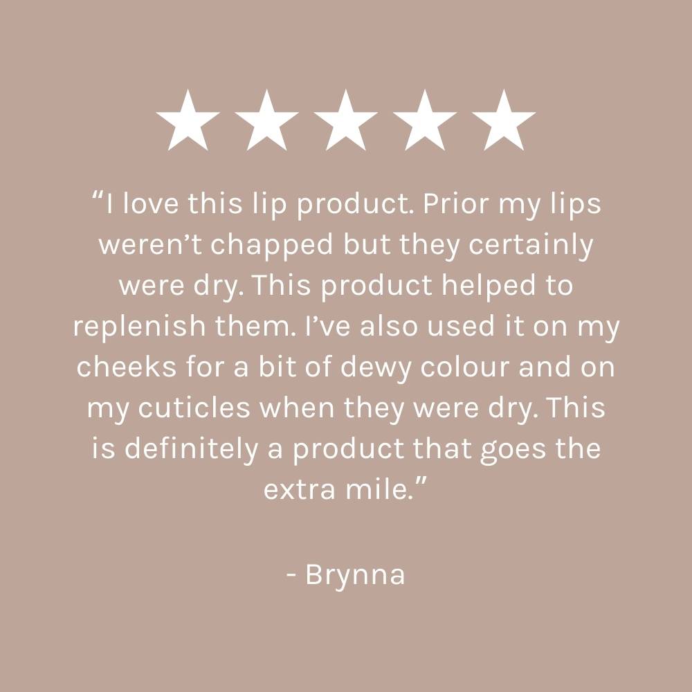 five star customer review on dark beige pink background