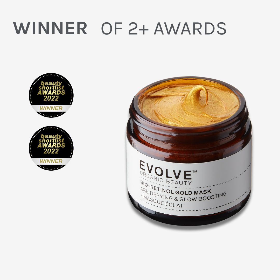 image of bio-retinol gold mask surrounded by awards the product has won