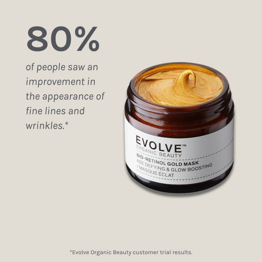 bio-retinol gold mask packshot on dark beige background showing results of a positive consumer panel test