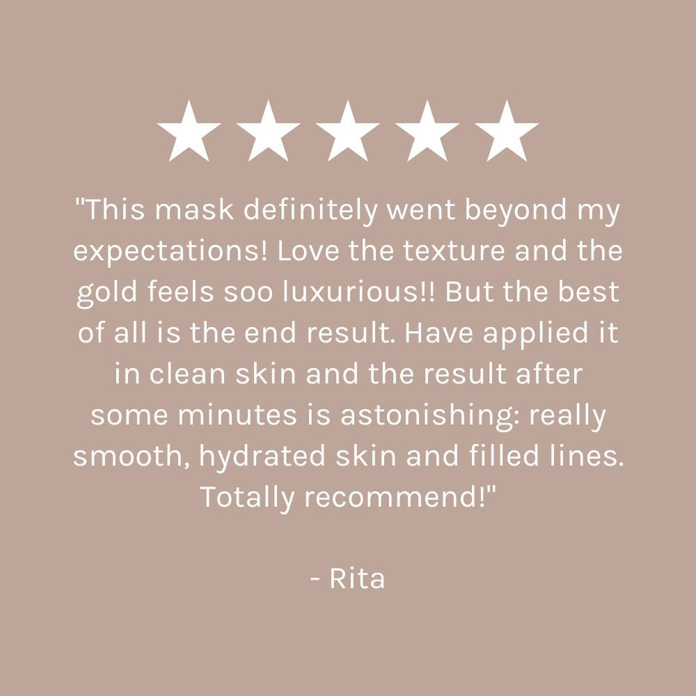five star customer review on dark beige pink background