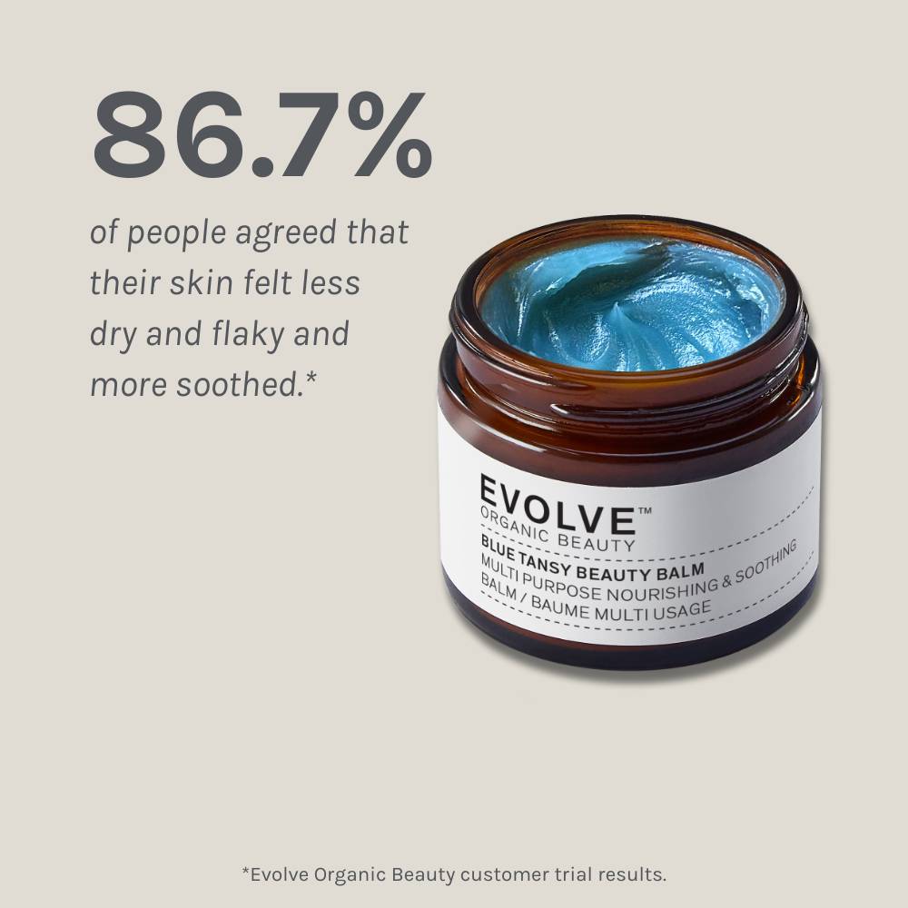 Blue Tansy Beauty Balm packshot on beige background showing results of a positive consumer panel test