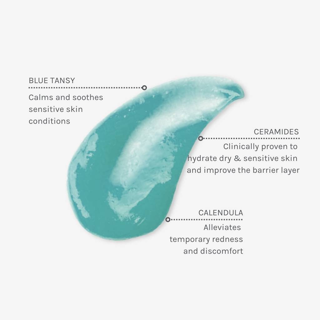 Texture swatch of blue tansy beauty balm with annotations showing benefits of ingredients like blue tansy, ceramides and calendula