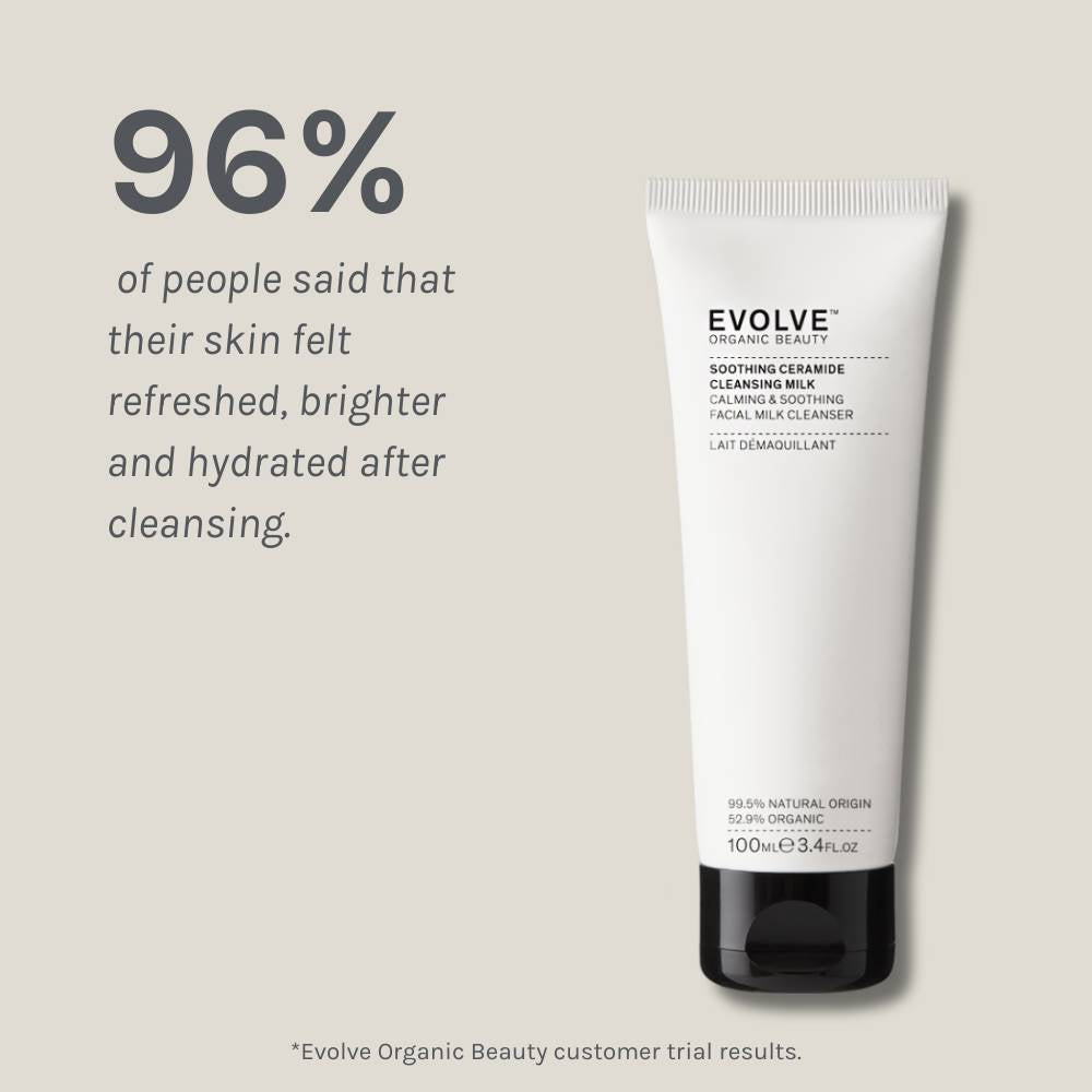 Evolve Organic Beauty cleanser tube with customer feedback text on a light gray background