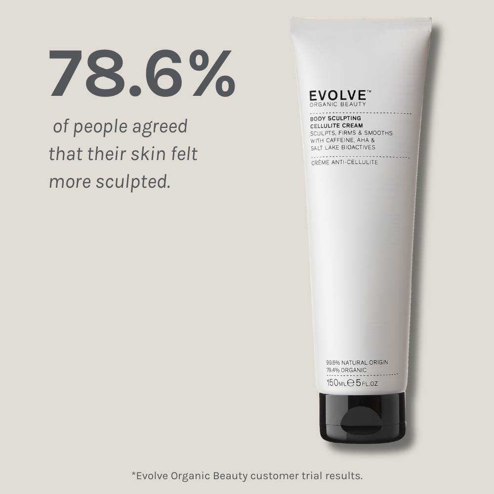 Body sculpting cellulite cream packshot on dark beige background showing results of a positive consumer panel test