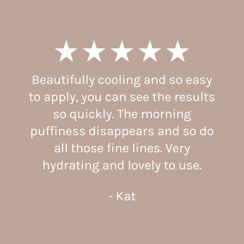 five star customer review on dark beige pink background