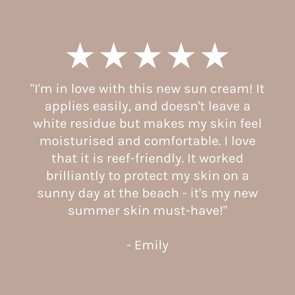 five star customer review on dark beige pink background