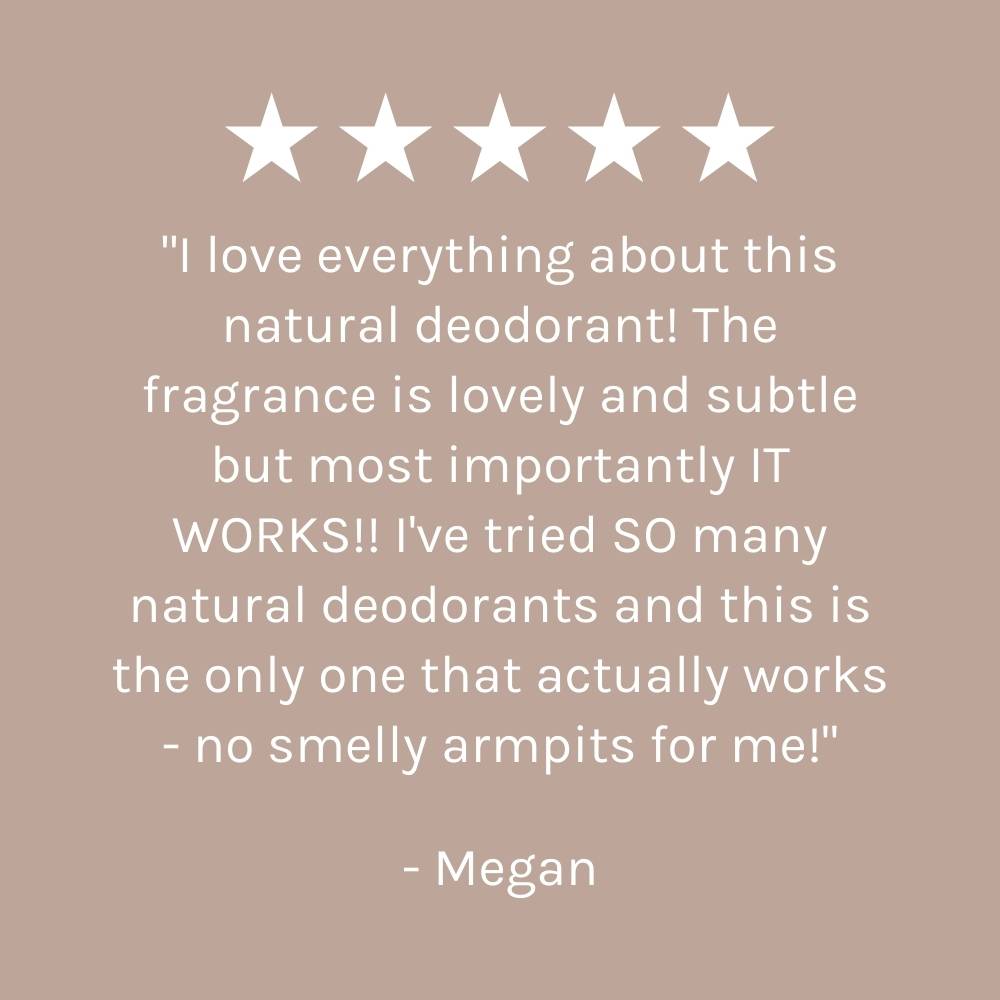 five star customer review of Cotton Fresh Deodorant on dark beige pink background
