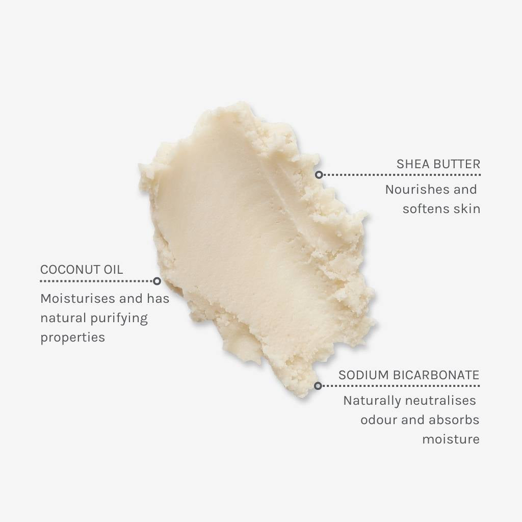 Swatch of Cotton Fresh Deodorant with captions explaining the benefits of three key ingredients including Shea Butter, Coconut Oil and Sodium Bicarbonate