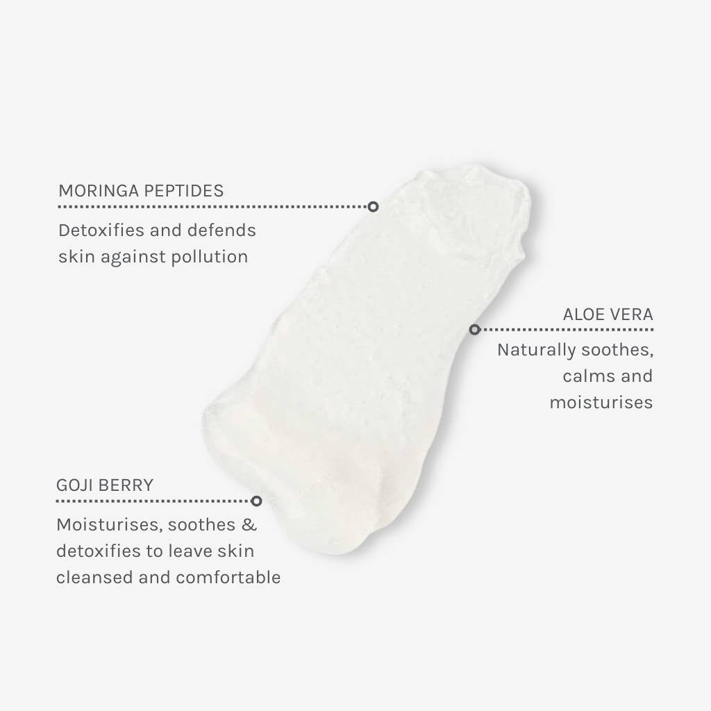 Texture swatch of daily detox facial wash with annotations showing benefits of ingredients like moringa peptides, aloe vera and goji berry