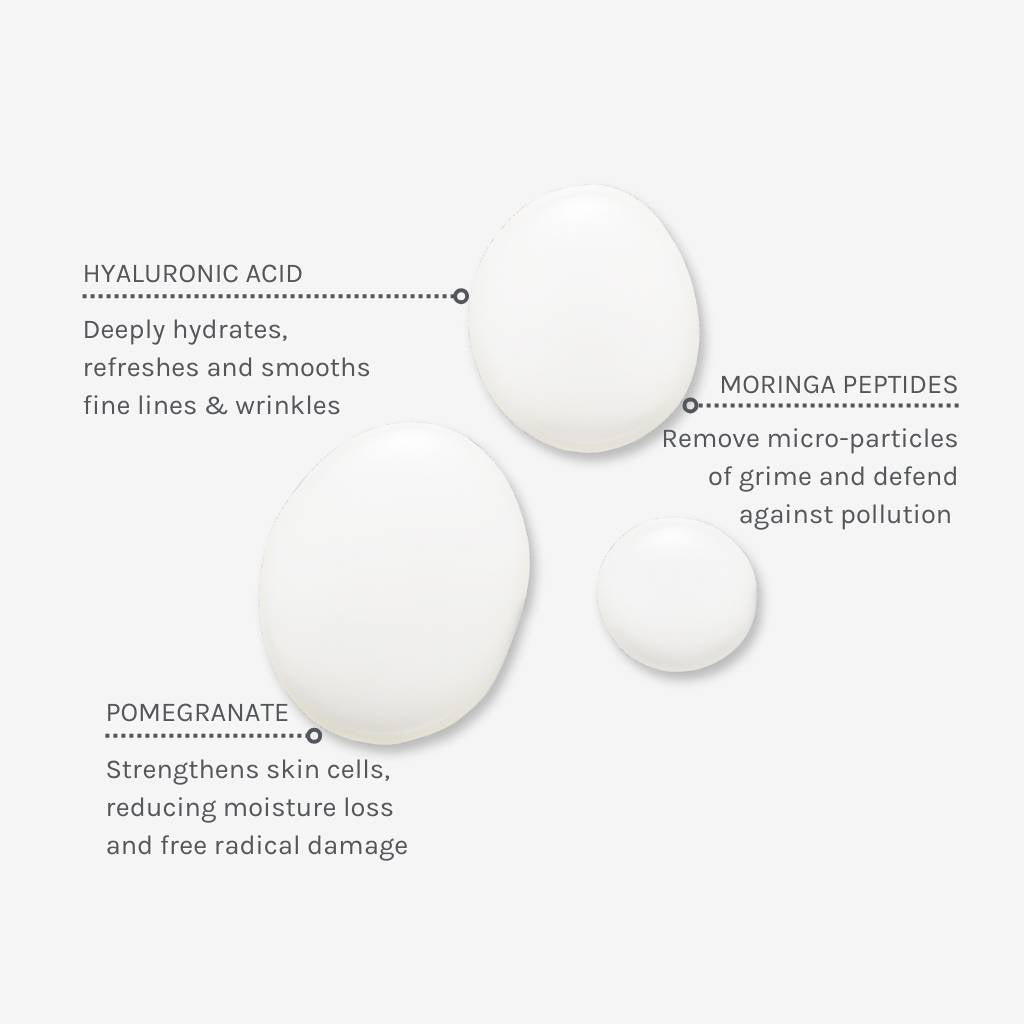 Texture swatch of deep clean micellar water with annotations showing benefits of ingredients like hyaluronic acid, moringa peptides and pomegranate
