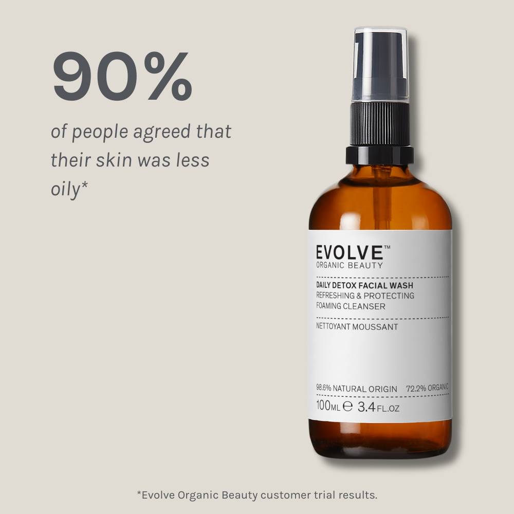 daily detox facial wash packshot on beige background showing results of a positive consumer panel test