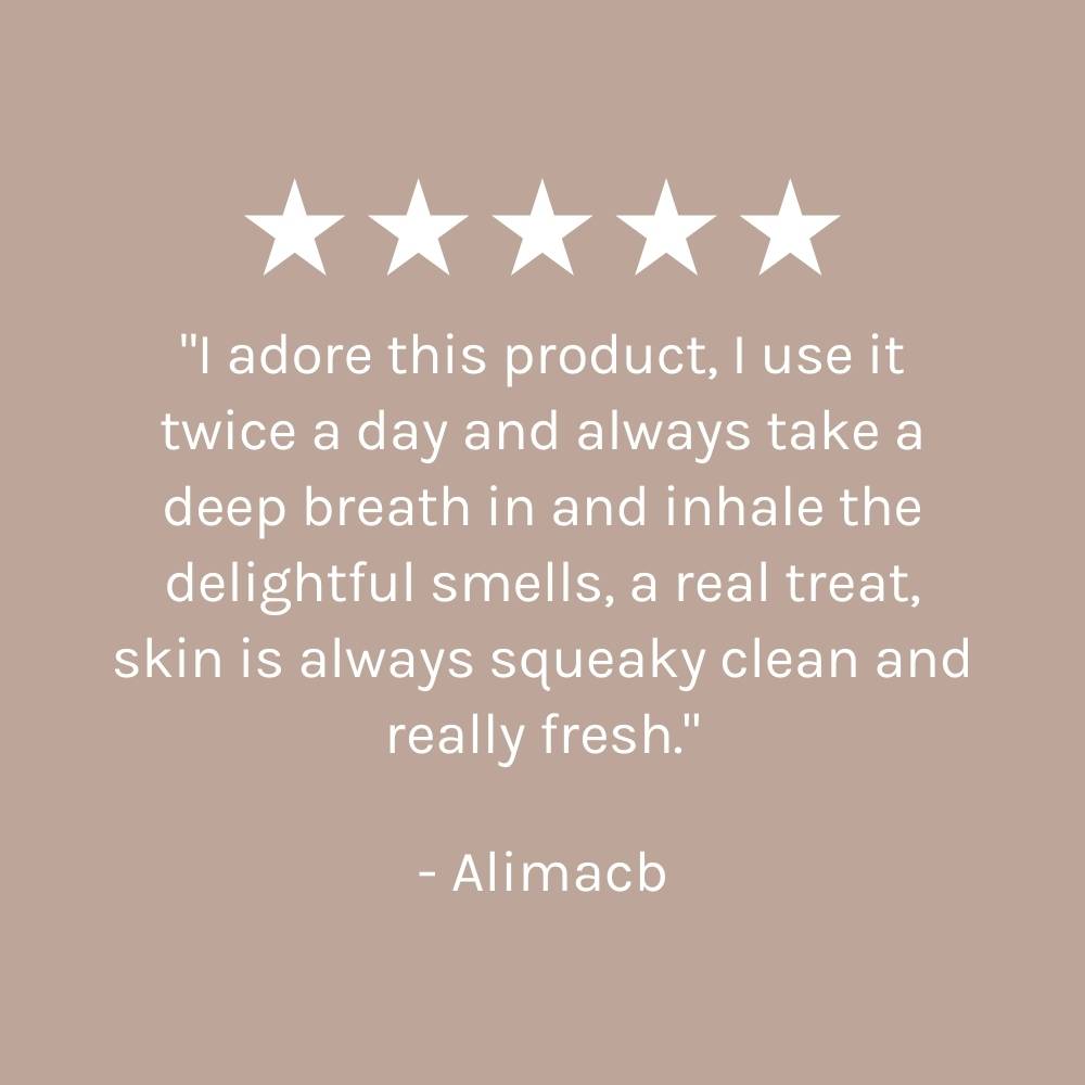 five star customer review on dark beige pink background
