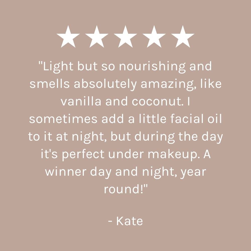 five star customer review on dark beige pink background