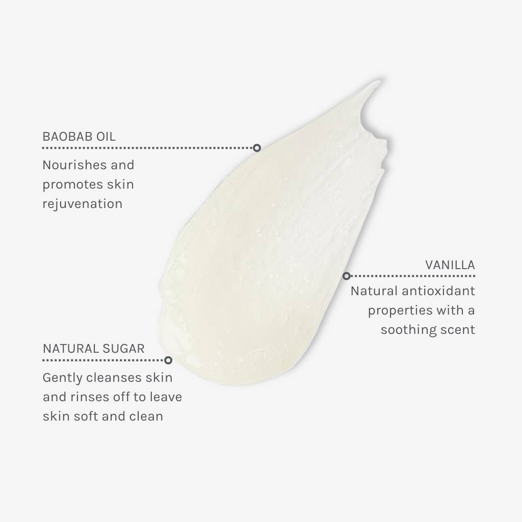 Texture swatch of gentle cleansing melt with annotations showing benefits of ingredients like baobab oil, vanilla and natural sugar
