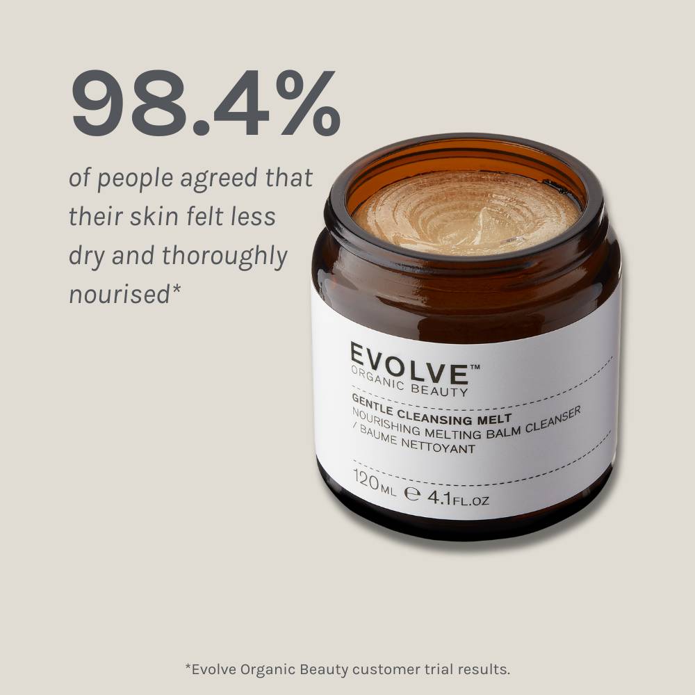 gentle cleansing melt packshot on beige background showing results of a positive consumer panel test