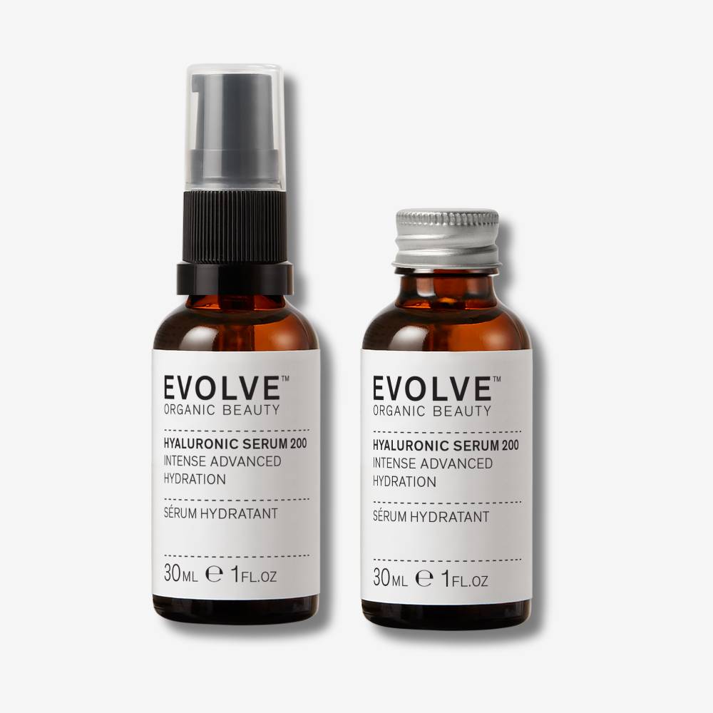 evolve organic beauty packshot of hyaluronic serum 200 with black pump lid next to hyaluronic serum 200 with recycled metal cap lid