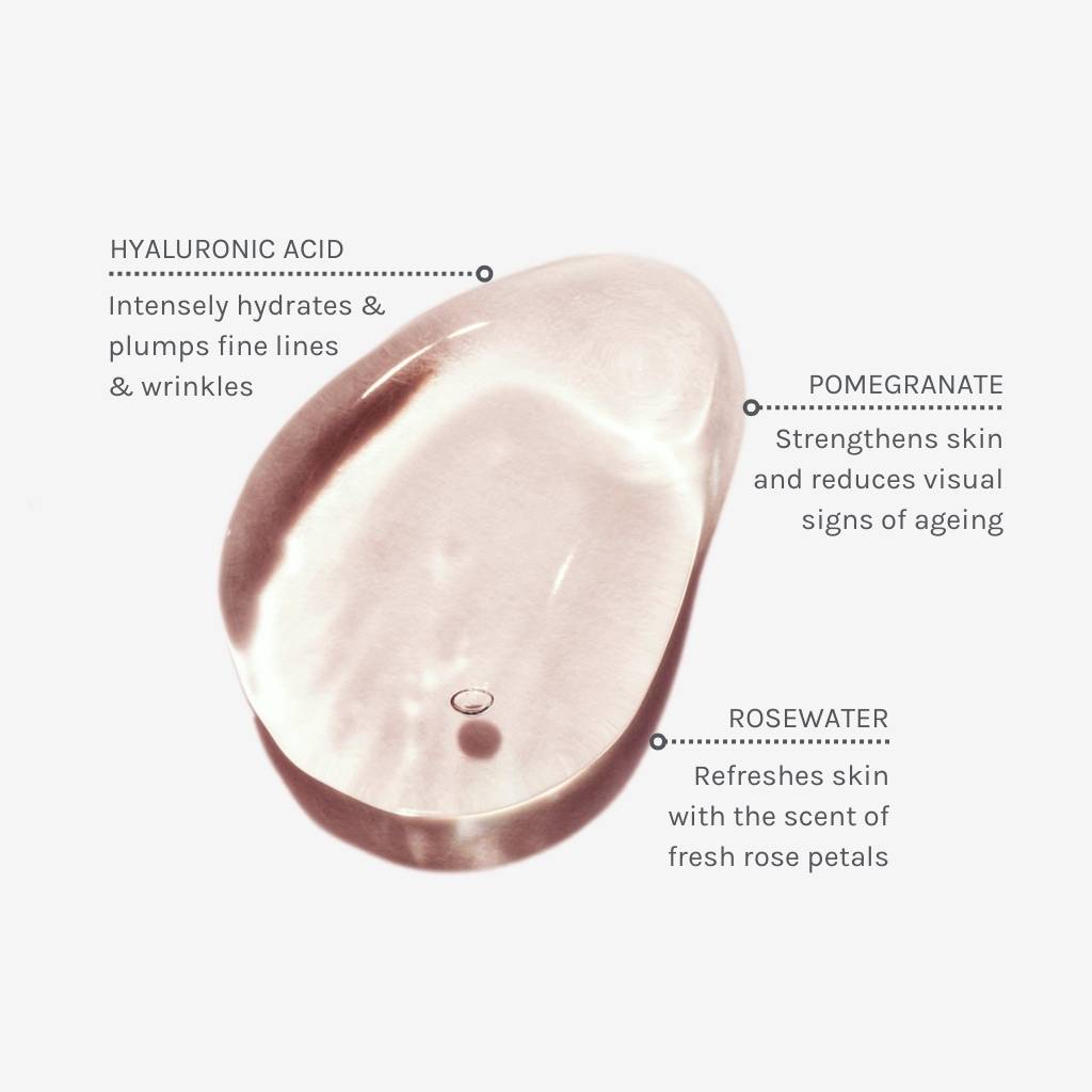 Texture swatch of hyaluronic acid serum with annotations showing benefits of ingredients like pomegranate, hyaluronic acid and rosewater