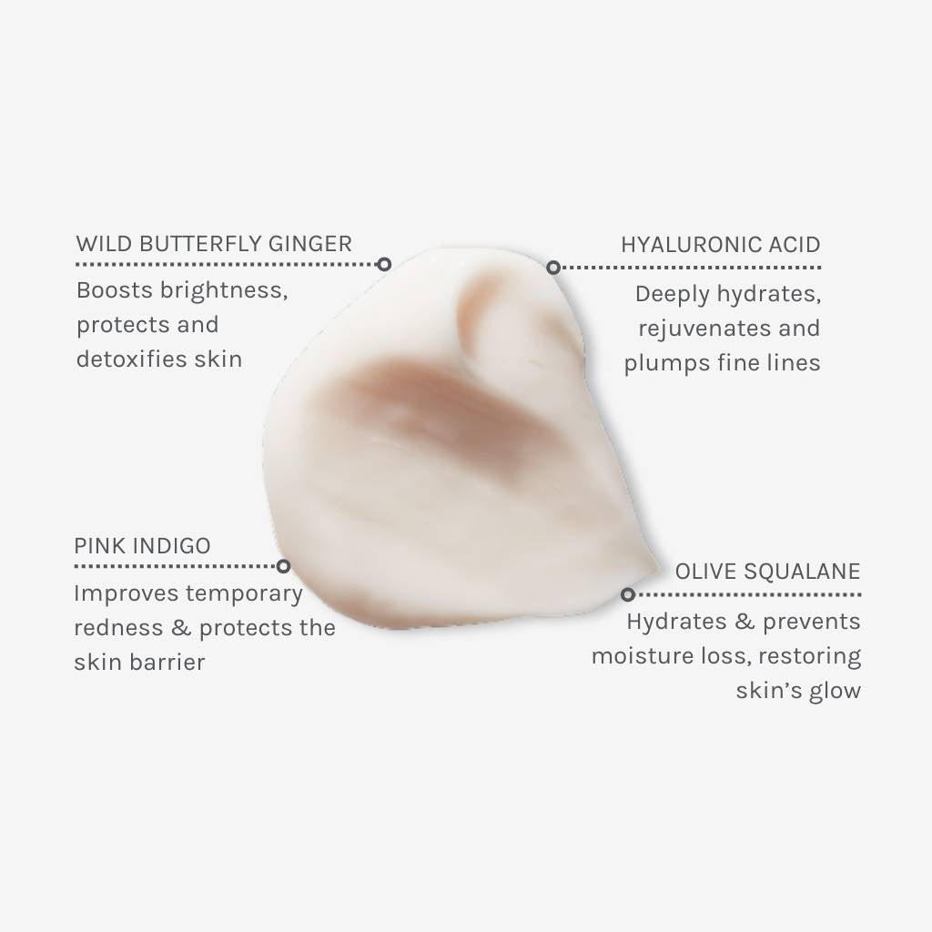 Texture swatch of hydrate and protect with annotations showing benefits of ingredients like olive squalane, wild butterfly ginger, hyaluronic acid and pink indigo