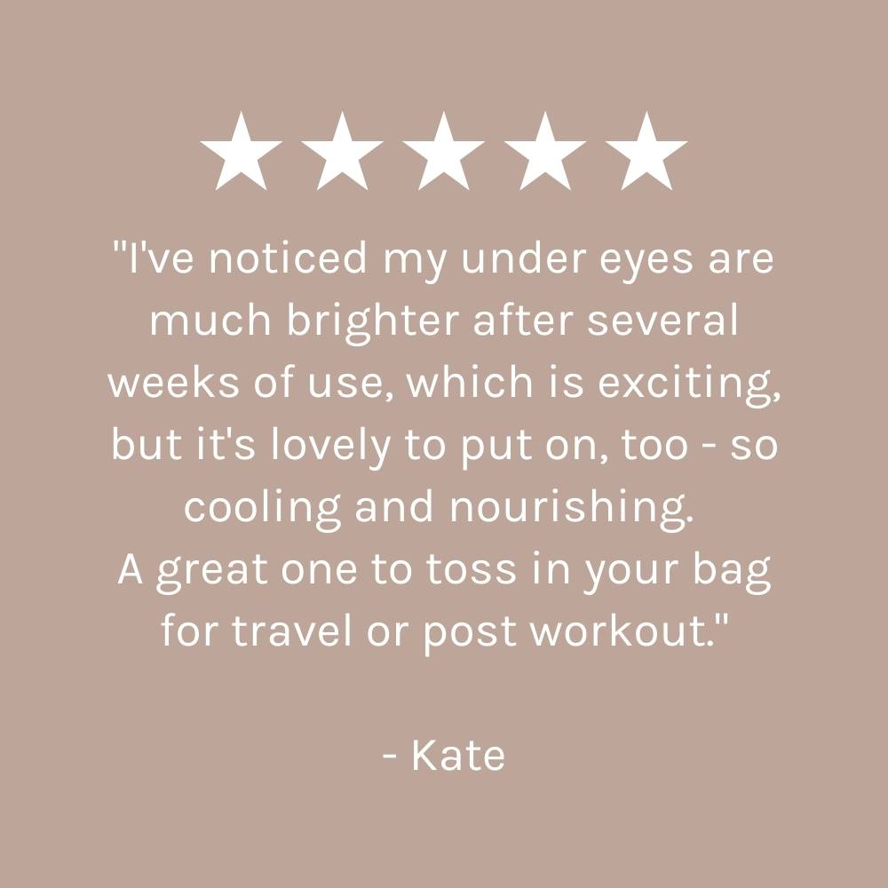 five star customer review on dark beige pink background