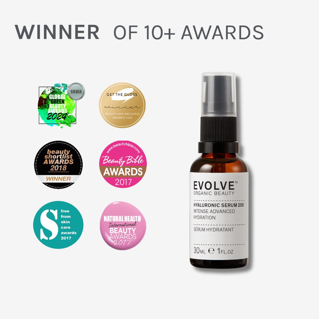 image of hyaluronic serum 200 surrounded by awards the product has won