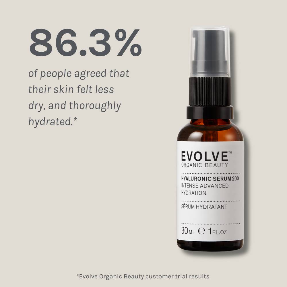 hyaluronic acid serum packshot on dark beige background showing results of a positive consumer panel test