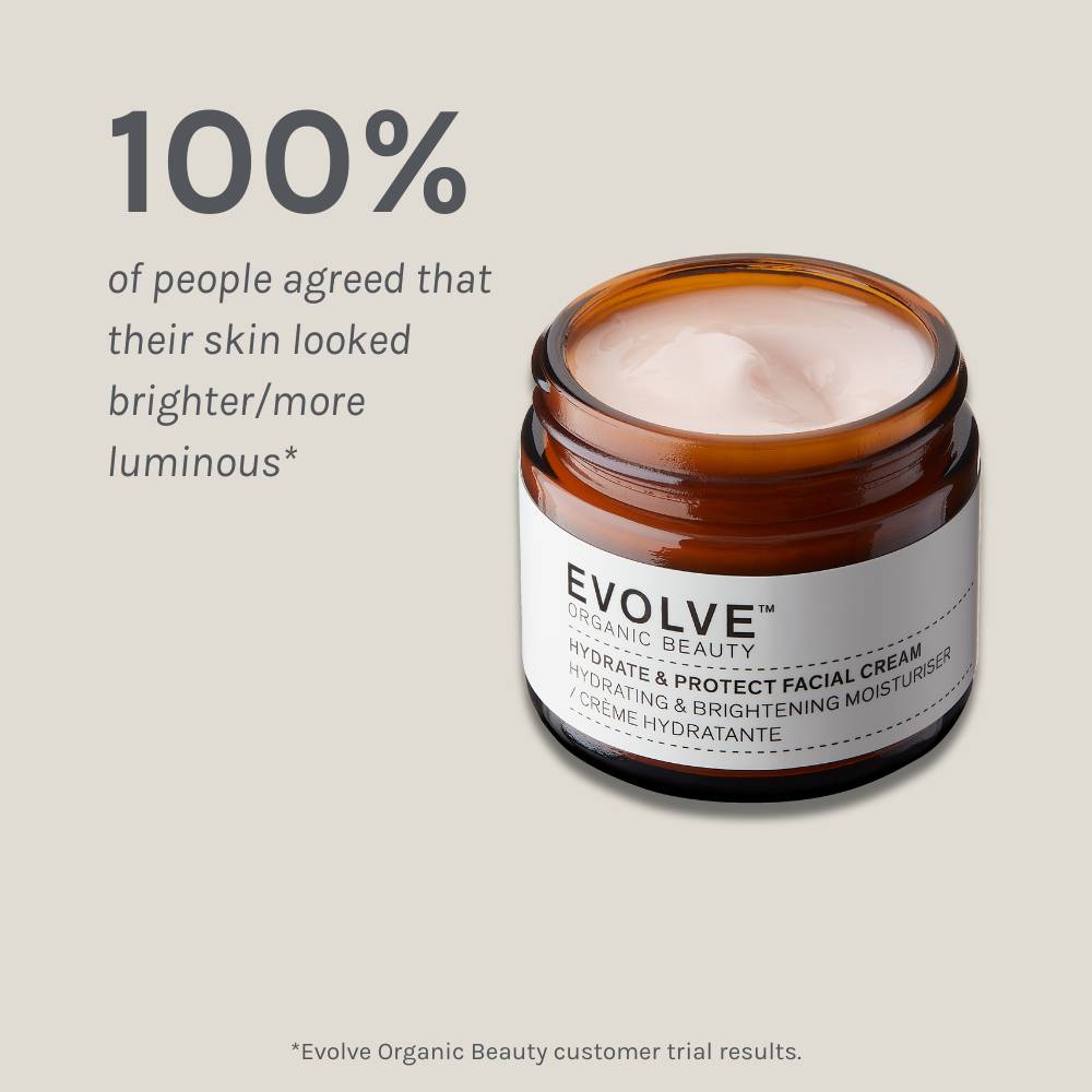 Hydrate & Protect Facial Cream packshot on dark beige background showing results of a positive consumer panel test