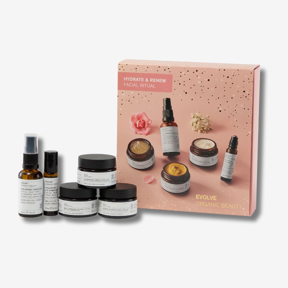 evolve organic beauty hydrate and renew facial ritual gift set with pink gift box on off white background