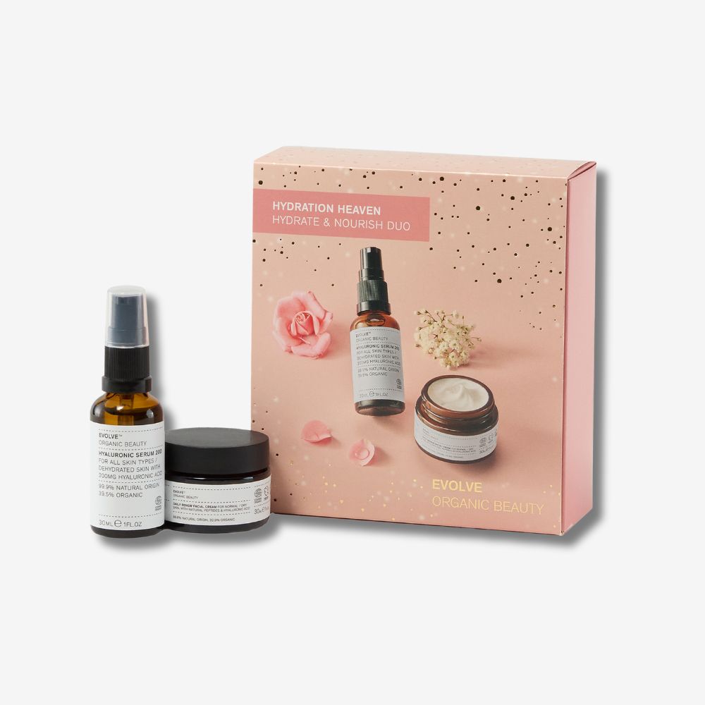 evolve organic beauty hydration heaven gift set with pink gift box on off white background