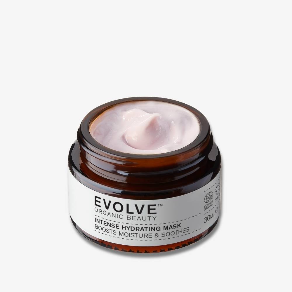 evolve organic beauty intense hydrating mask open jar showing pink texture of product on off white background