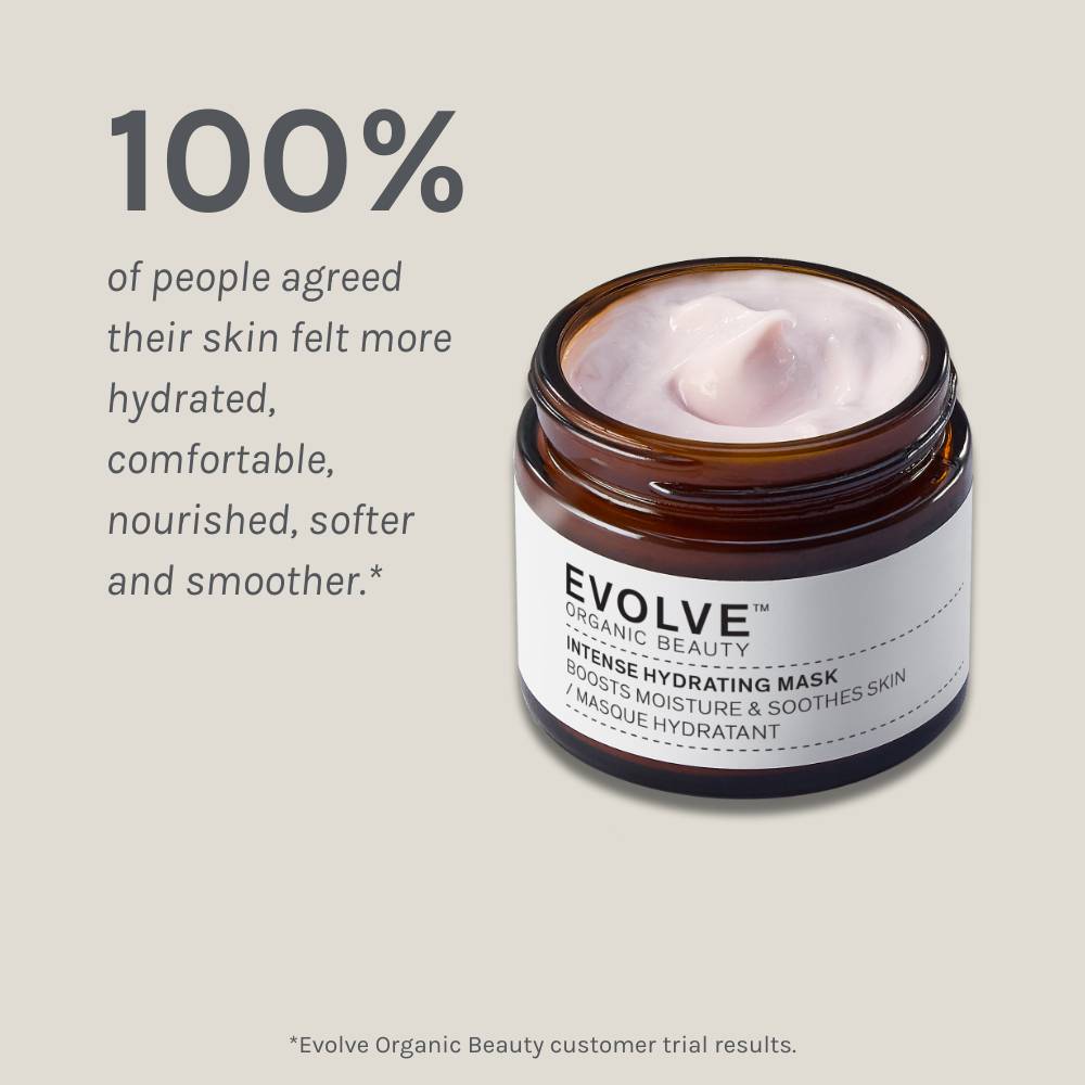intense hydrating mask packshot on dark beige background showing results of positive consumer panel test