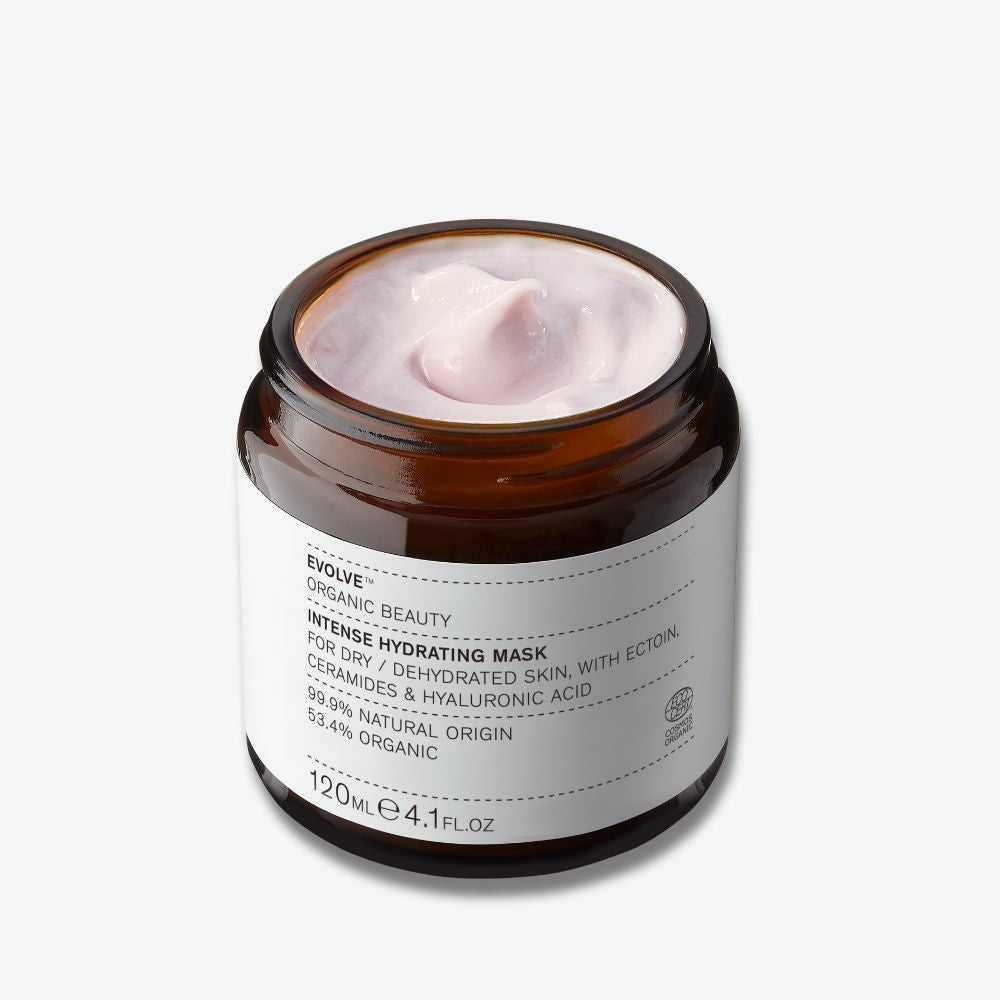 evolve organic beauty intense hydrating mask supersize in an open amber glass jar on off white background