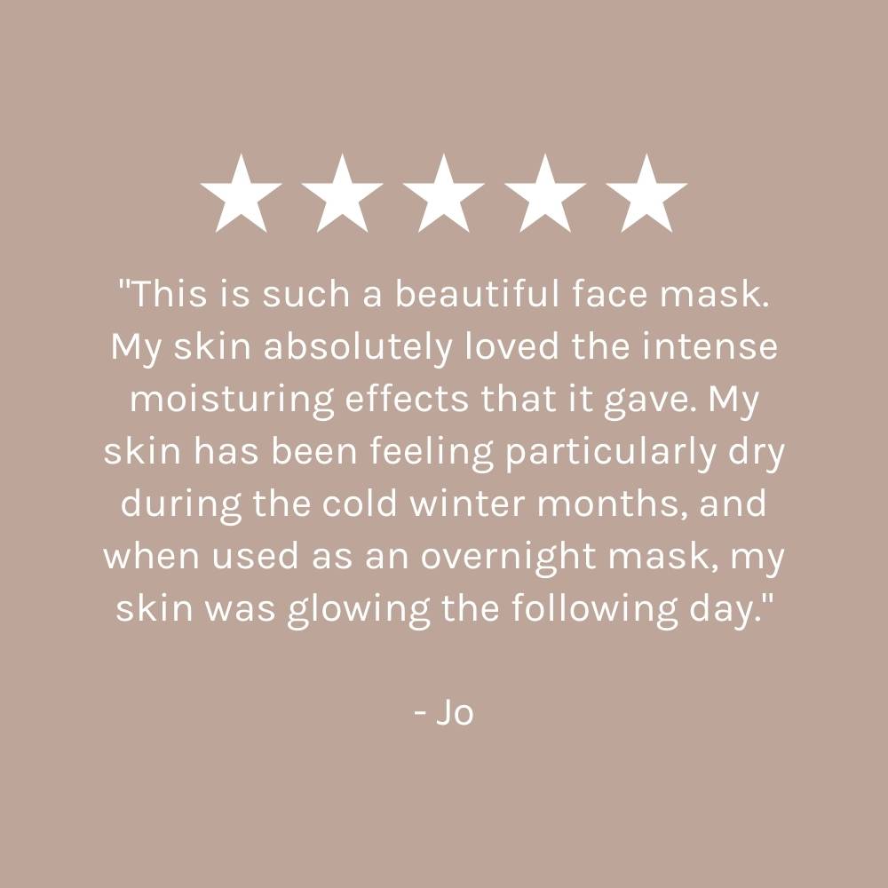 five star customer review on dark beige pink background