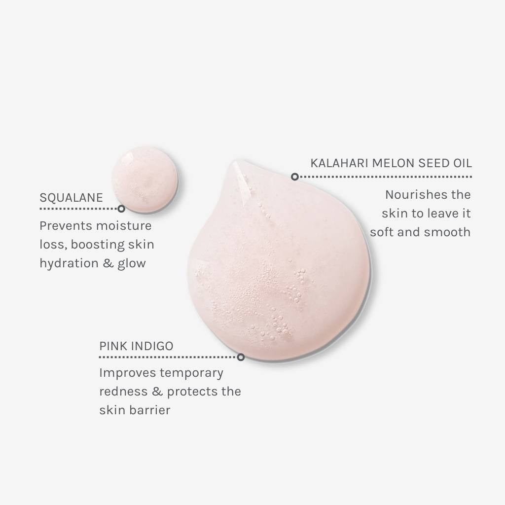 Texture swatch of kalahari dream cleansing oil with annotations showing benefits of ingredients like kalahari melon seed oil, squalane and pink indigo