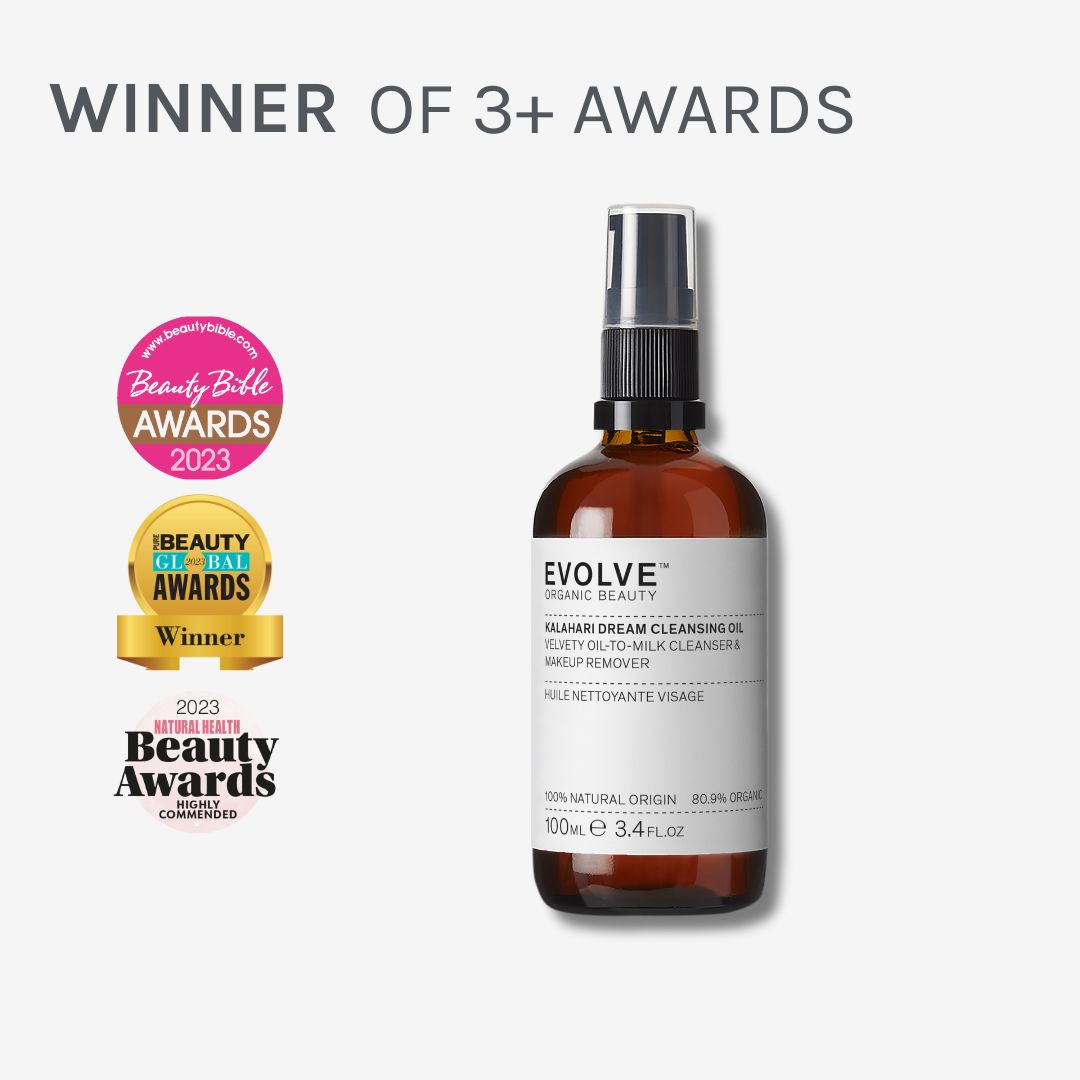 image of kalahari dream cleansing oil surrounded by awards the product has won