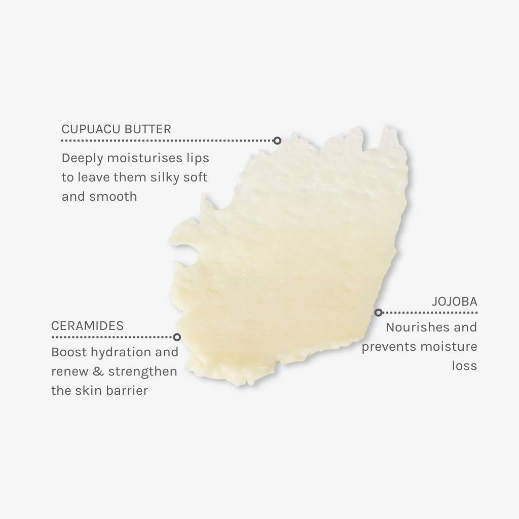 Texture swatch of Lip Treat with annotations showing benefits of ingredients like Capuacu butter, ceramides and Jojoba