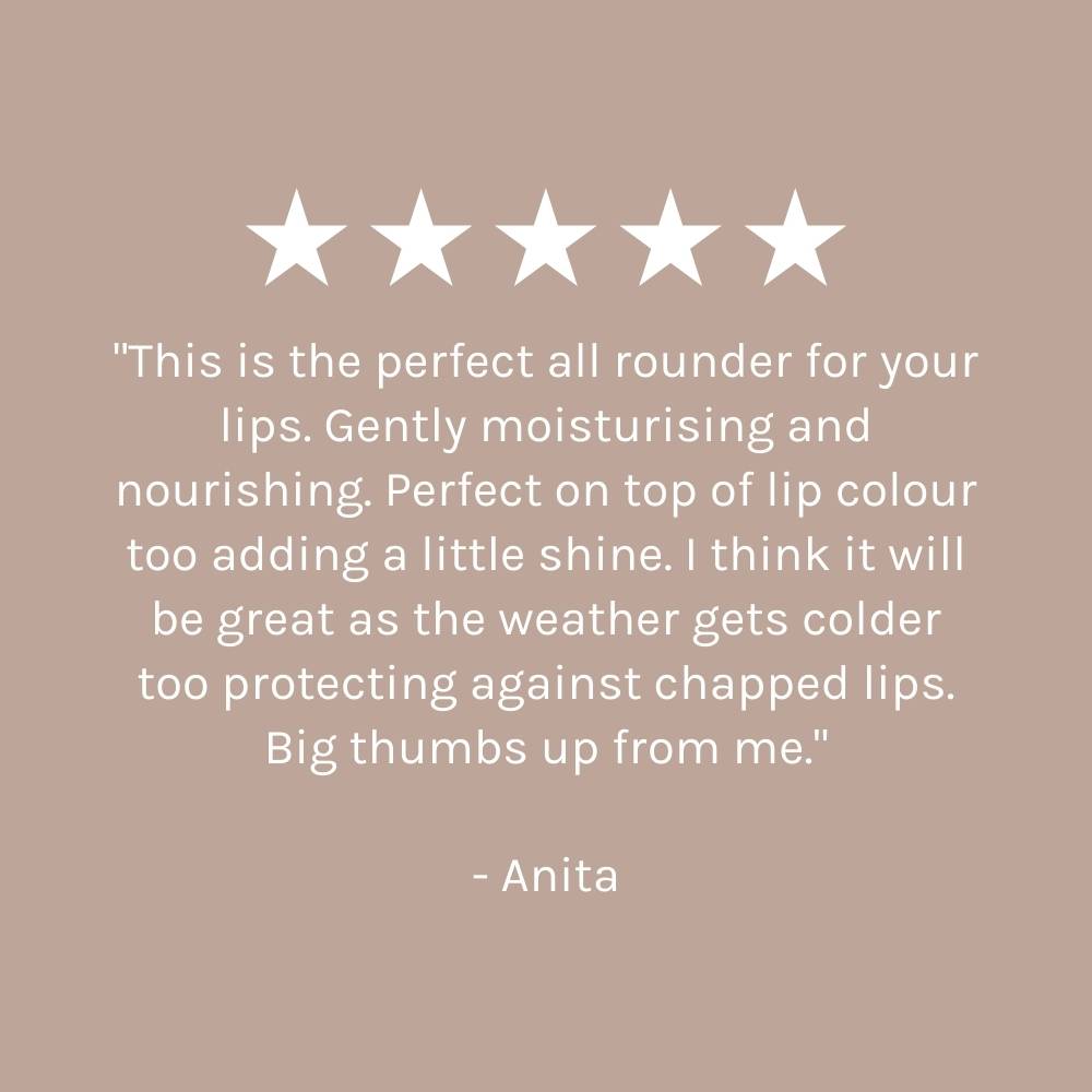 five star customer review on dark beige pink background