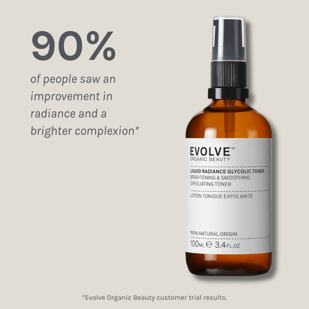 liquid radiance glycolic toner packshot on beige background showing results of a positive consumer panel test