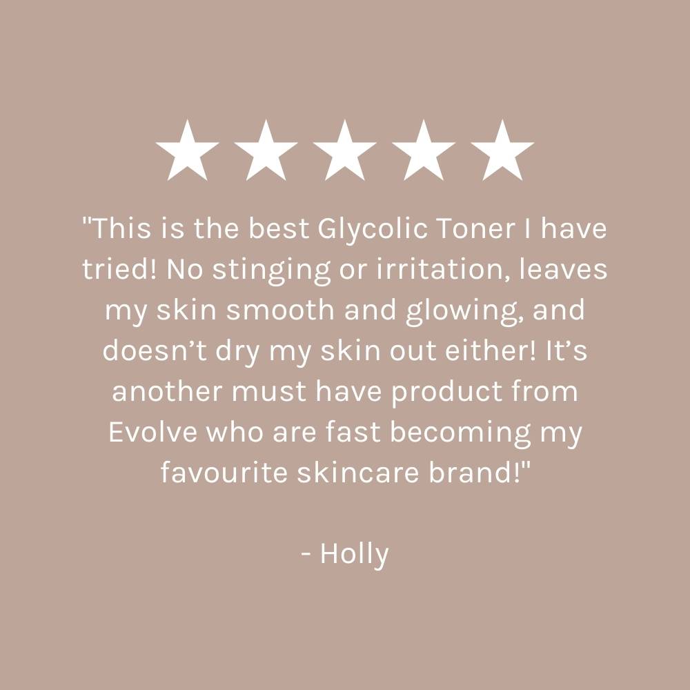 five star customer review on dark beige pink background
