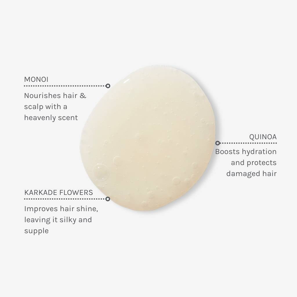 Swatch of Monoi Rescue Shampoo with captions explaining the benefits of three key ingredients including Monoi, Quinoa and Karkade Flowers