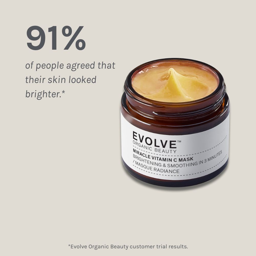 miracle vitamin c mask packshot on dark beige background showing results of a positive consumer panel test